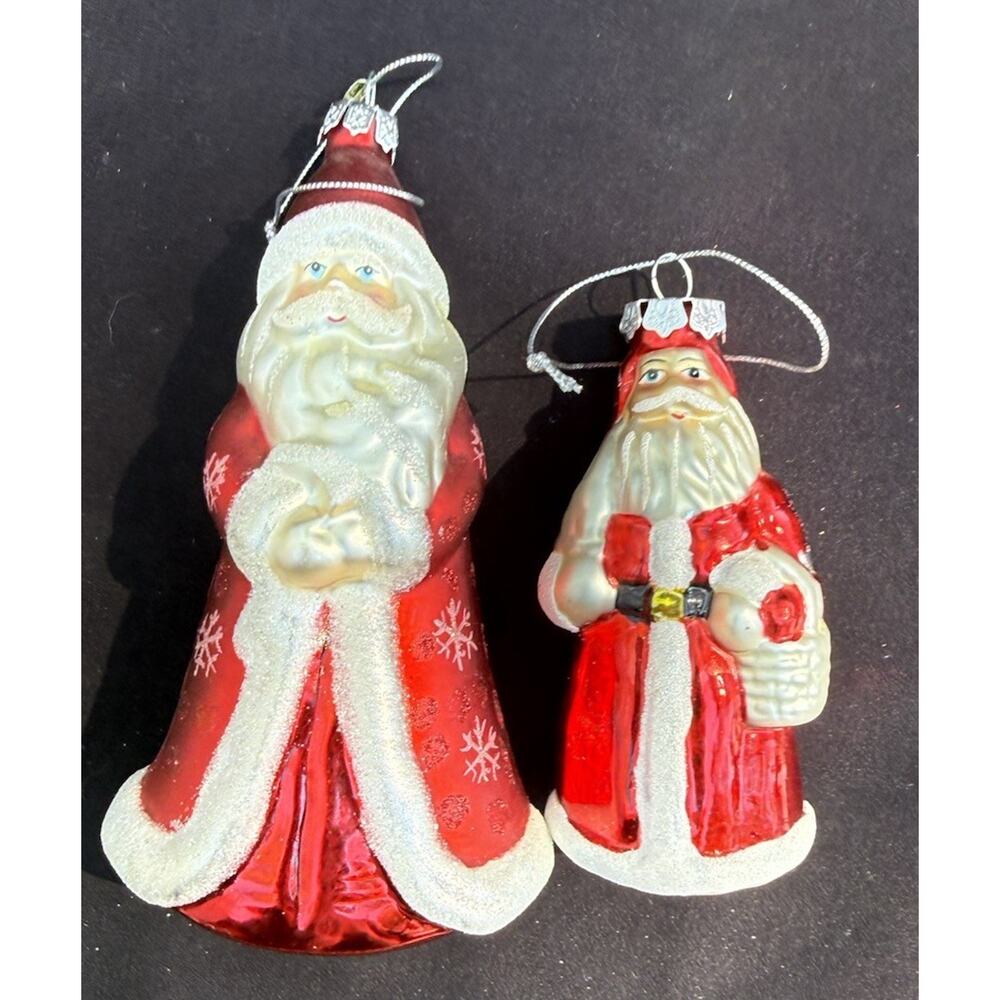 2 Vtg Santa Glass Blown Christmas Ornament Hand Painted Poland -LO10